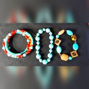 SW Style Turquoise Colored and Natural Stone Bracelets, Set of Three